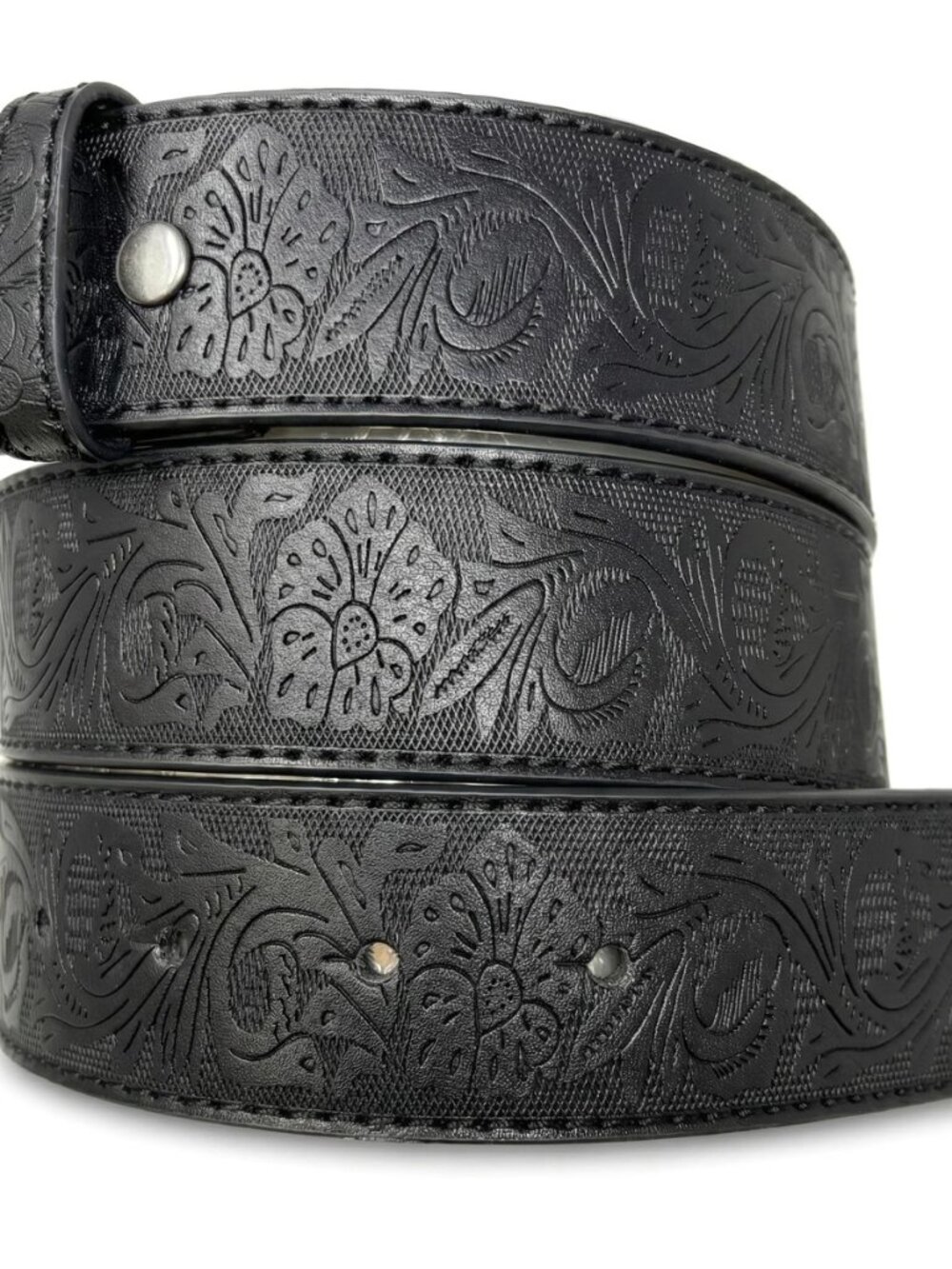 Womens Leather Western Belt Strap - 1.5” Wide Embossed Flower Pattern, Snap-On